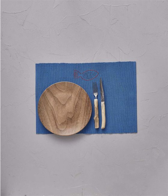 Ribbed placemat Happy fish blue